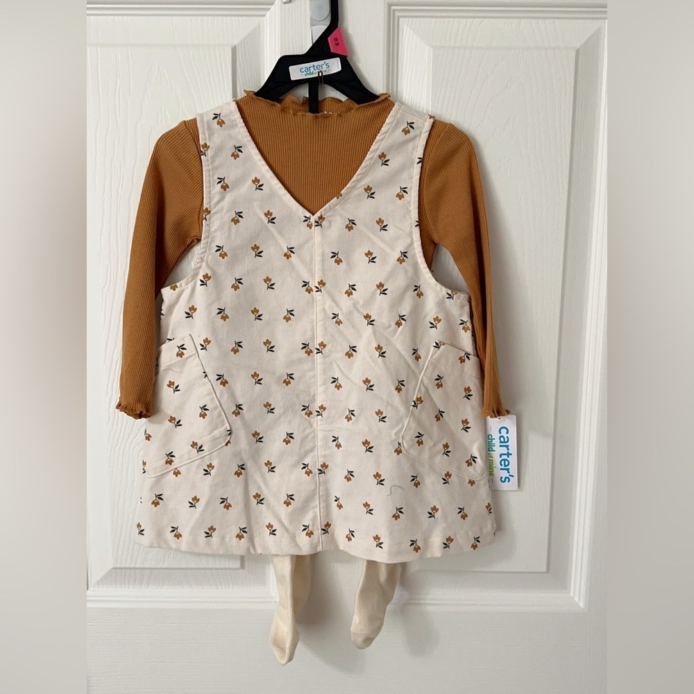Carter's Cream Floral Dress and Gold Long Sleeve Top Set 3 Piece - Picture 12 of 16